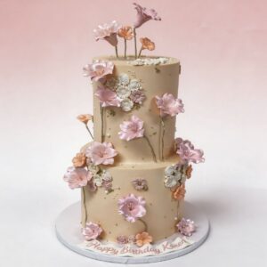 2 TIER NEUTRAL W DELICATE PINK FLOWERS
