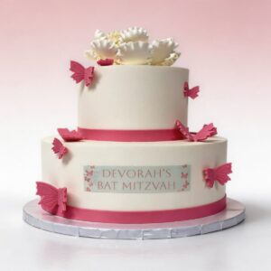 2 TIER WHITE W PINK FONDANT AND PINK BUTTERFLY