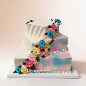 3 TIER STAGGERED W FLOWERS & TIE DIE