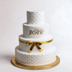 ALTERNATING SWISS DOT & MONOGRAM WITH GOLD RIBBON 4 TIER