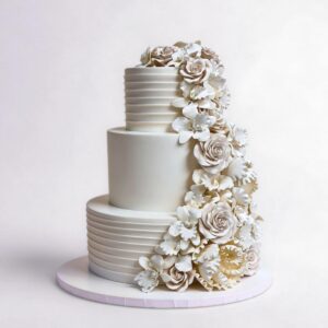 HORIZONTAL STRIPES ALTERNATING WITH CASCADING ASST WHITE FANCY FLOWERS 3 TIER TALL