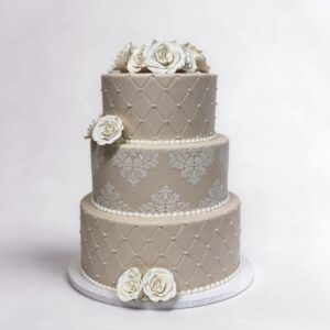 IVORY & WHITE QUILT & SCREEN & FANCY ROSES 3 TIER TALL