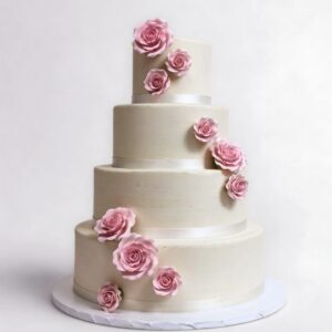 PINK FANCY ROSES WHITE RIBBON 4 TIER TALL