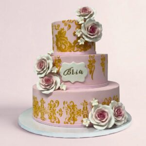 PINK W GOLD STENCIL & ROSES