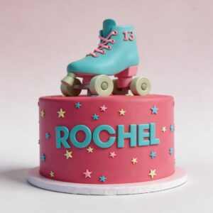 ROLLERSKATE TEAL ON PINK CAKE