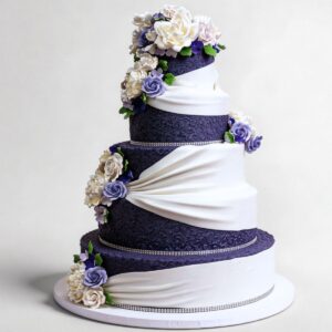 WHITE AND PURPLE DRAPES WITH SILVER BLING & FANCY FLOWERS 5 TIER