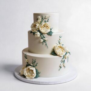 WHITE FANCY ROSES GREEN LEAVES 3 TIER