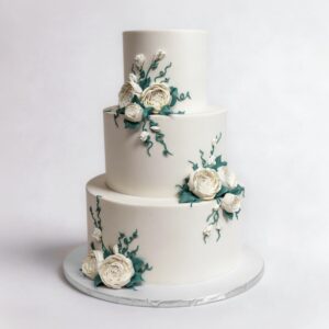 WHITE FANCY ROSES GREEN LEAVES 3 TIER TALL